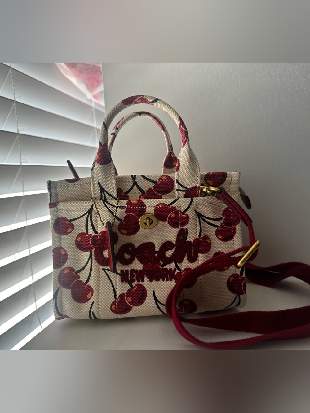 Coach White Cherry-Print Mini Tote with Removable Red Strap - Picture 14 of 14